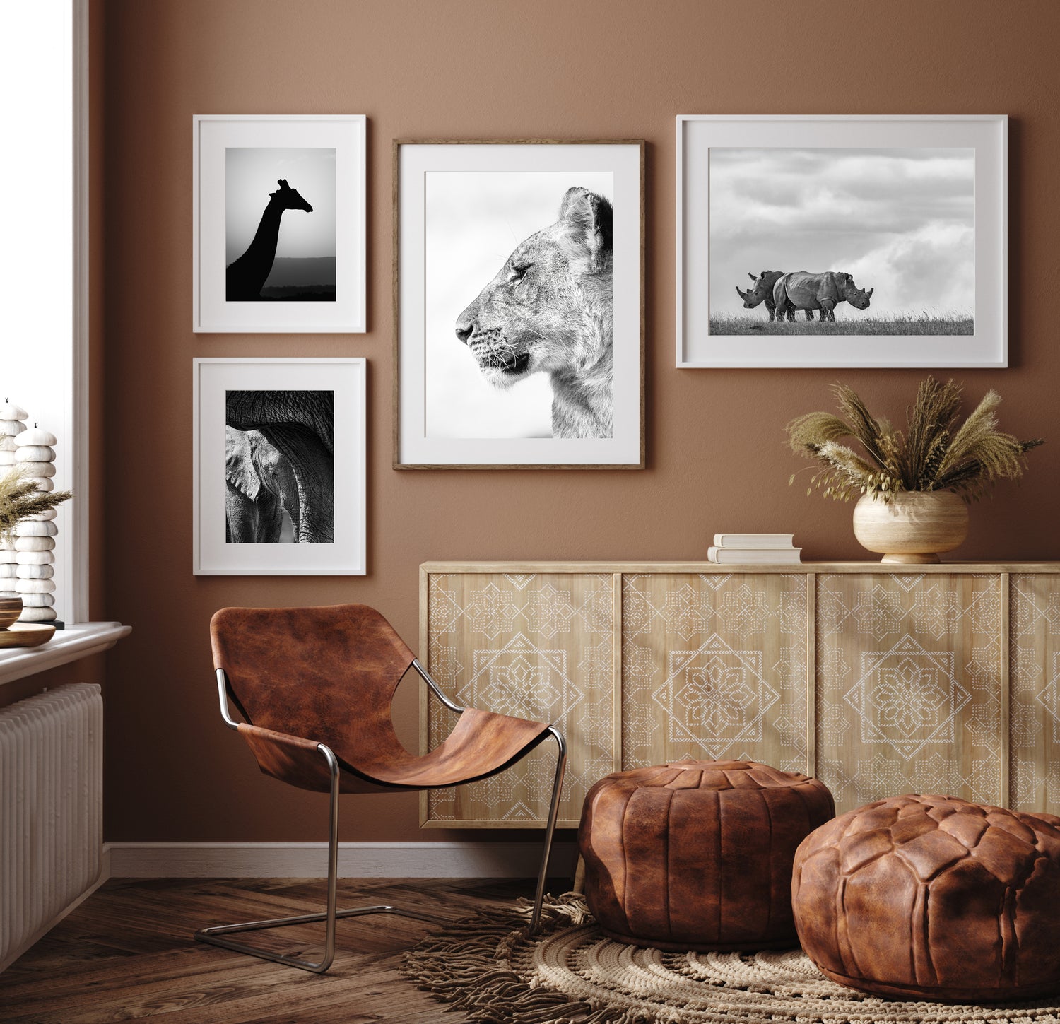 Photo Gallery Wall of Wildlife Prints in Monochrome to decorate your interior with exclusive limited edition fine art prints by Kim Paffen Photography